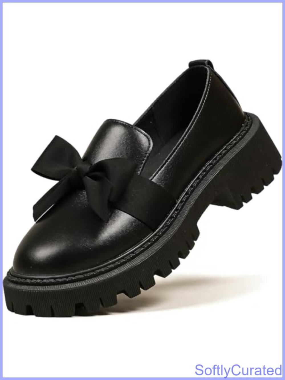 Patent Leather Platform Loafers Bow Round Toe Chunky Lug Sole Women